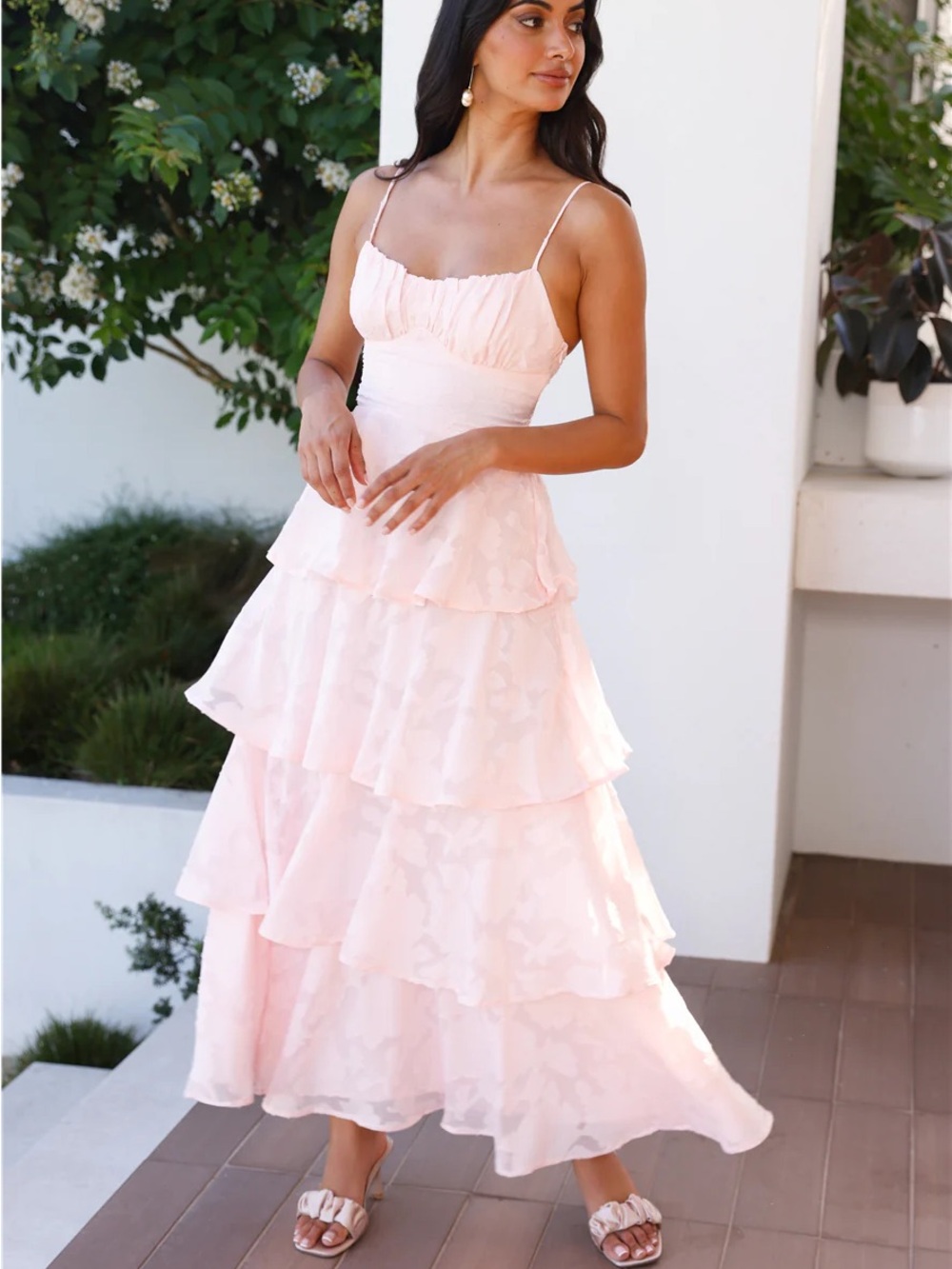 Lulus Elegant Tiered Spaghetti-Strap Blush Pink Dress